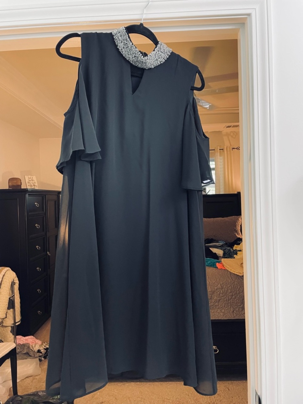 Perceptions Black Midi Dress with Beaded Collar